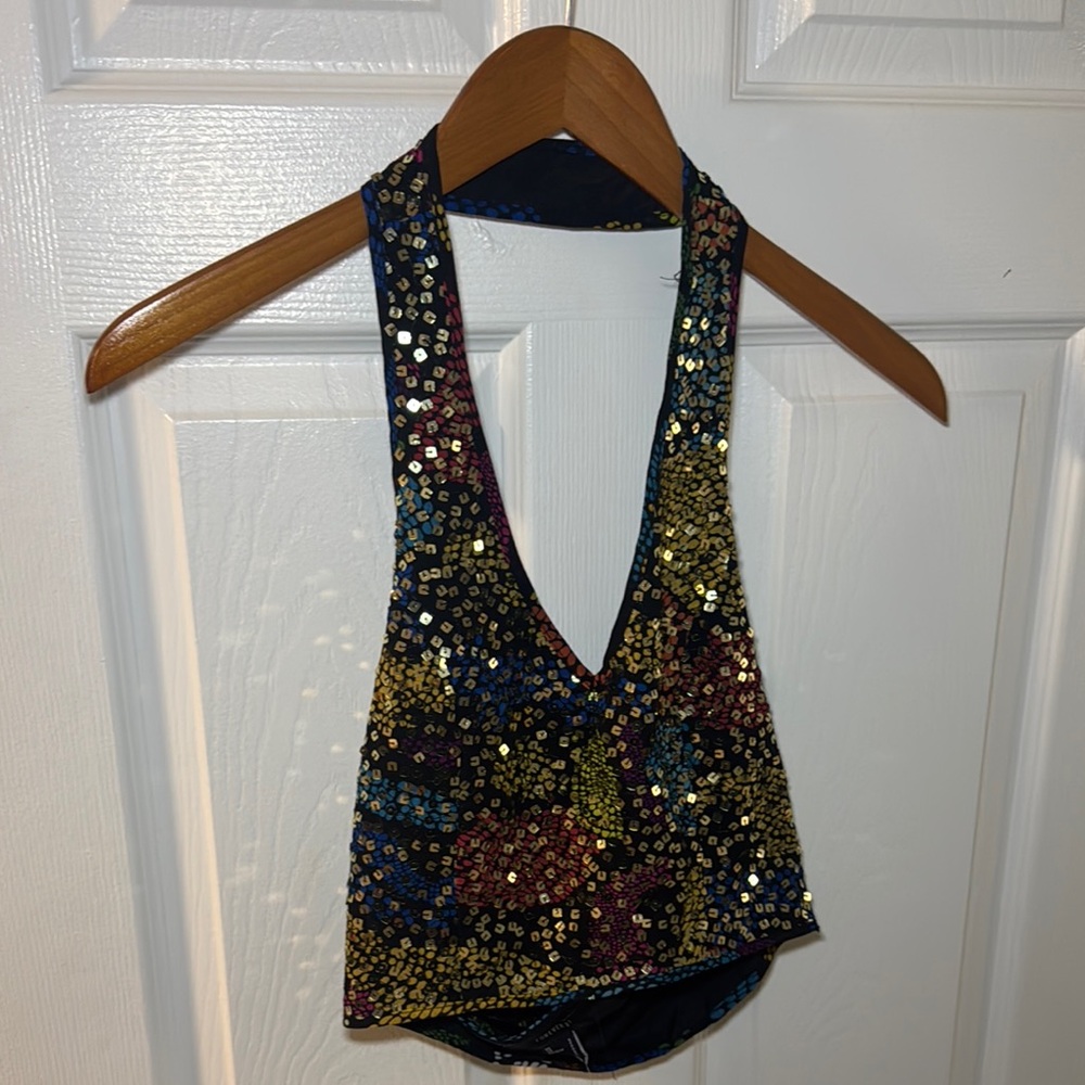 Sequined Deep V Halter Crop Top - Multicolor